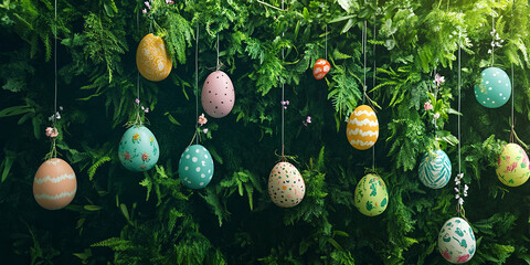 Easter eggs decoration ideas hanging on green plants background for spring holiday celebration design