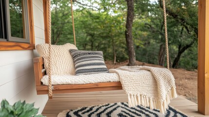 Obraz premium Treehouse reading retreat with a wooden swing chair, nature sounds, and soft woven blankets