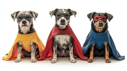 Obraz premium Superhero Pups: Trio of Canine Crusaders Ready to Save the Day in Colorful Capes & Masks