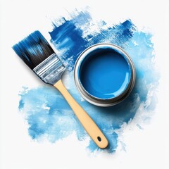 Paint brush and can, sky blue paint, on transparent background sky