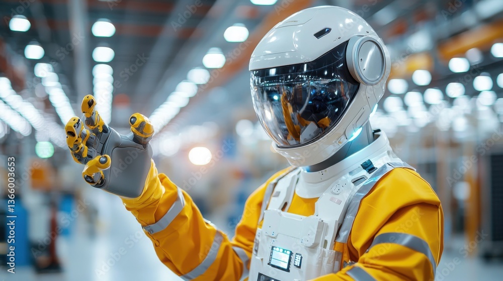 Poster futuristic robot in bright industrial setting gesturing with robotic hand