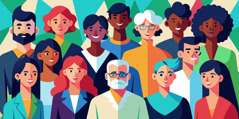 Diverse group of people smiling together in a colorful setting  