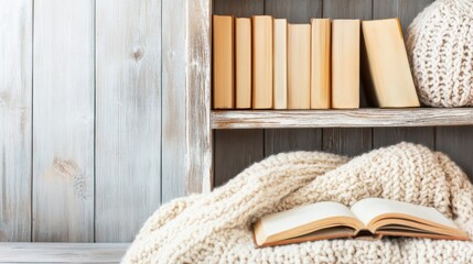 Classic rustic reading space with a weathered wooden bookshelf, cozy wool blanket, and warm ambiance