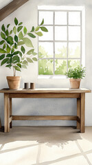 serene watercolor scene features wooden table adorned with potted plants beside bright window., Watercolor illustration