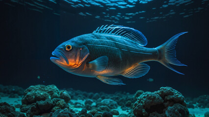 Fototapeta premium Fish swimming gracefully in dark ocean waters 