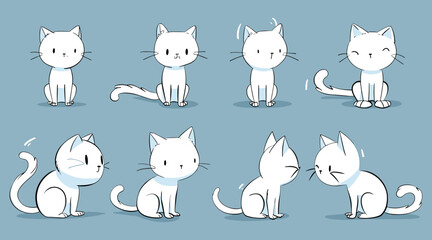 Cute White Cat Poses - Hand-drawn Cat Expressions and Stances © MrOwlCreatives