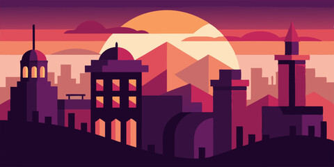 Stylized city skyline at sunset with mountains in the background  