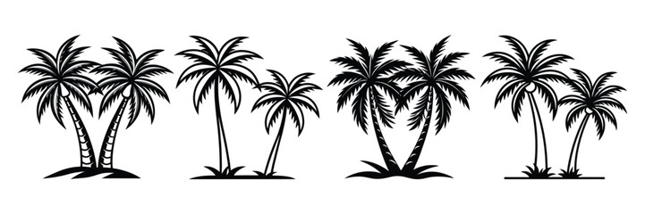Obraz premium Palm Tree Silhouette Vector Set Black and White Tropical Beach Coconut Trees
