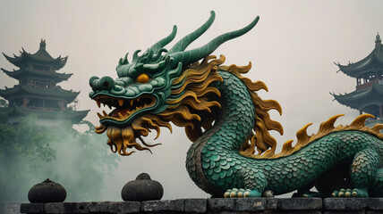 Fototapeta premium Dragon sculpture majestically overlooking ancient temple background - 