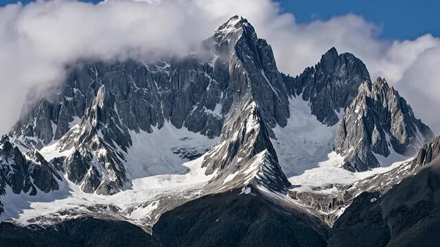 Rugged Mountain Peaks with Glacial Snow and Mystical Cloud Cover