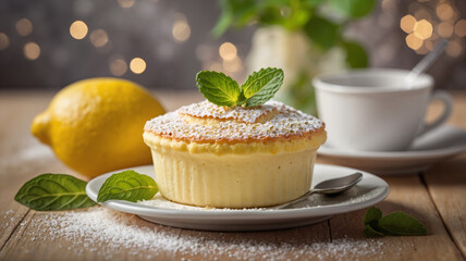 Delicious lemon dessert with mint and coffee in cozy setting  