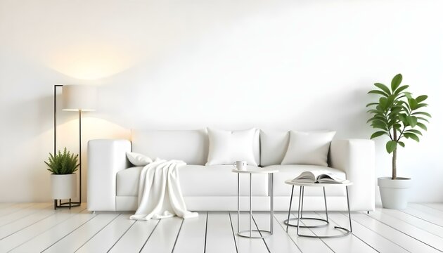 White sofa with three pillows and a blanket, two small tables with magazines and a cup, white wooden floor and white wall.