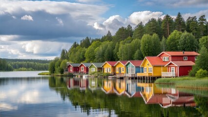 Obraz premium Vibrant Nordic Village with Lakeside Reflections