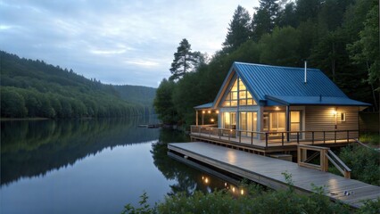 Obraz premium Tranquil Lakeside Cottage with Serene Reflection