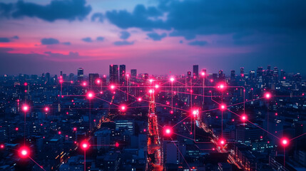 City skyline at dusk illuminated with technology network connections and vibrant sunset hues over urban landscape Generative AI