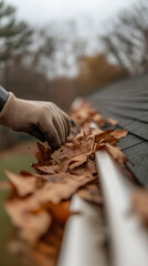 Homeowner cleaning gutters of fallen leaves during autumn in a suburban neighborhood on a cloudy day Generative AI