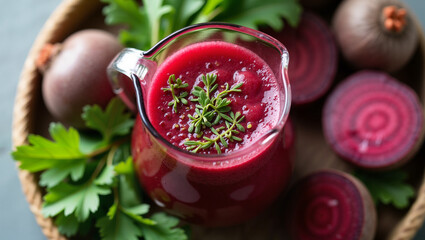 Fresh Beetroot Juice with Herbs in a Rustic Setting  