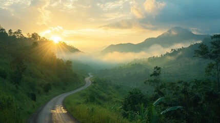 Winding mountain road sunset, misty valley, travel