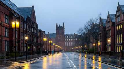 Fototapeta premium Empty Street Lined With Brick Buildings And Lit Street Lamps During An Evening Storm With Wet Pavement