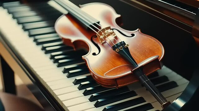 A detailed close-up photograph of a violin resting elegantly upon a piano keyboard.
