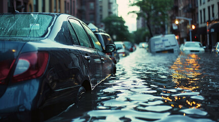 Urban flood scene with cars struggling through deep water on a busy street.