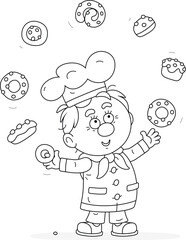 Funny baker and pastry cook juggling freshly baked pastries from his bakery, black and white outline vector cartoon illustration for a coloring book