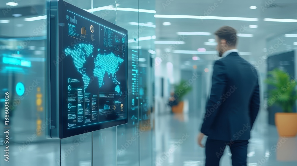 Poster businessman in a suit analyzing data on large interactive display screen in modern office