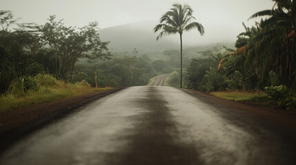 Quiet winding road through lush greenery under a cloudy sky in a serene landscape during early morning hours Generative AI