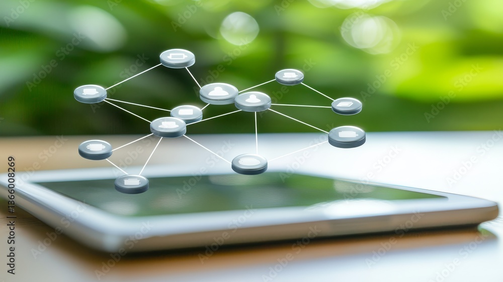 Poster interconnected spheres network on tablet, visualizing data connections and digital communication in 