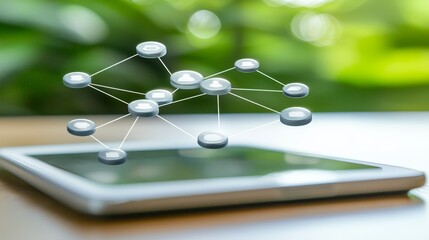 Interconnected spheres network on tablet, visualizing data connections and digital communication in a globalized world