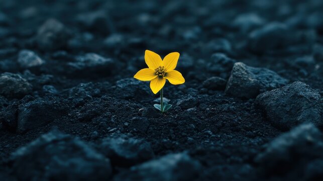 Resilience Bloom: Yellow Flower Thriving in Dark Soil, Symbol of Hope, Strength, and Perseverance