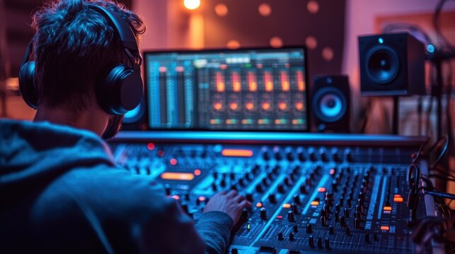 A person recording a podcast using a professional audio setup, with soundproofing equipment and a digital mixing console in the studio