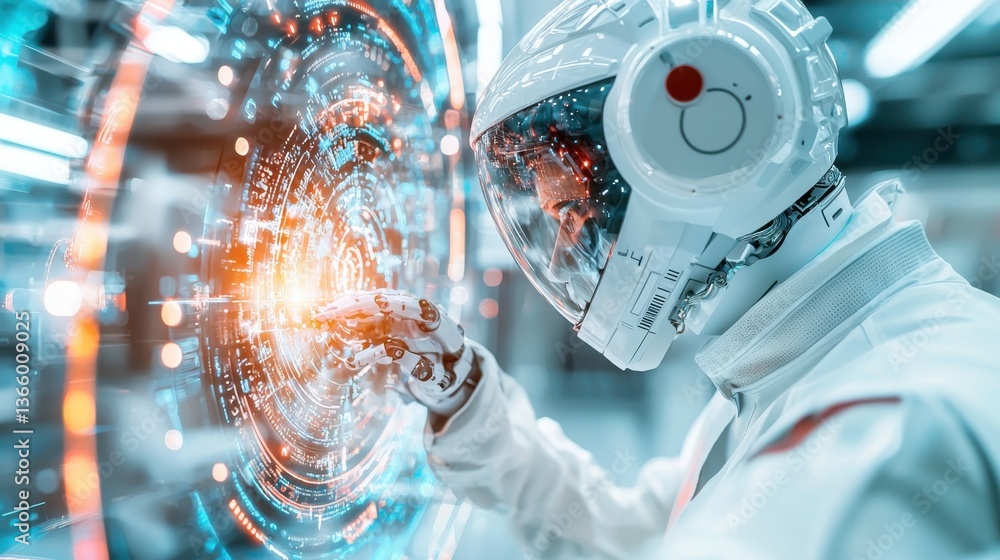Poster futuristic robot interacting with glowing digital interface