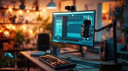 A podcaster streaming a live podcast episode, with high-quality equipment and video recording tools capturing the session