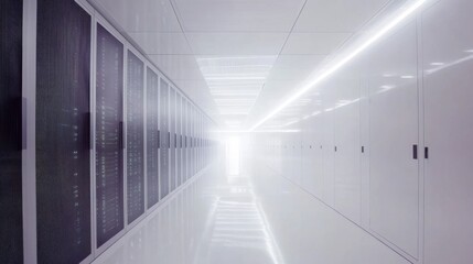A high tech AI powered data center with autonomous servers performing real time analytics, clean and efficient server room with glowing data streams, Cloud computing technology style
