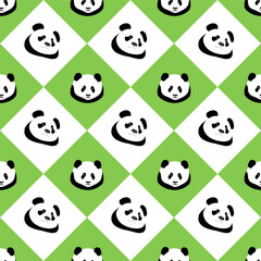 Panda, bear face on white and green background. Seamless animal geometric pattern, print. Vector illustration
