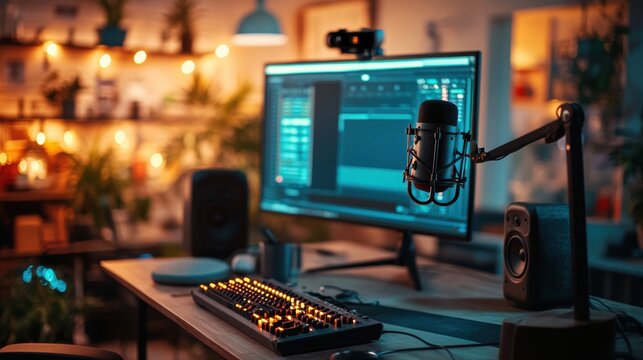 A podcaster streaming a live podcast episode, with high-quality equipment and video recording tools capturing the session