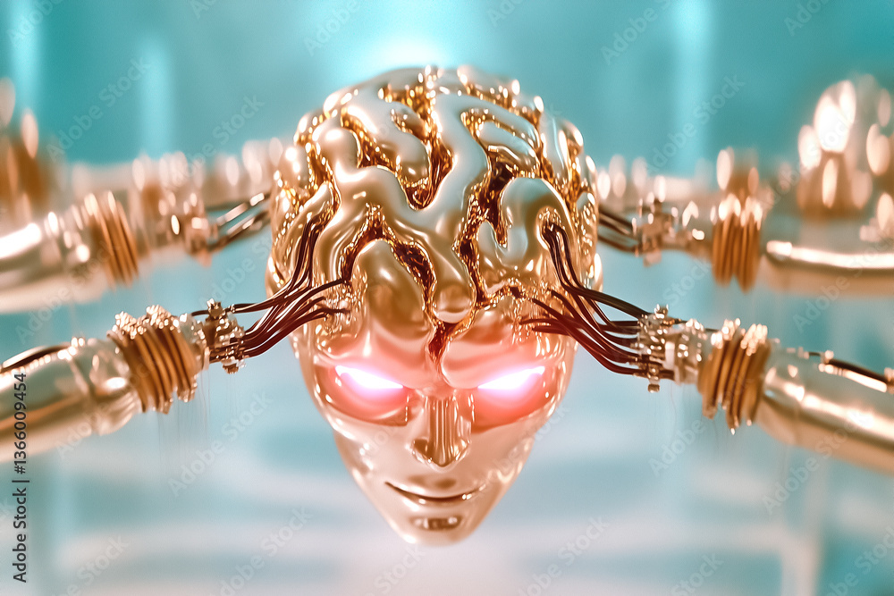 Poster robotic head with glowing eyes surrounded by intricate metallic circuitry. high-tech setting feature
