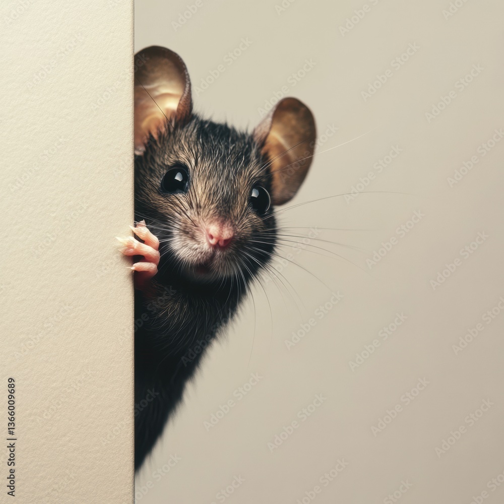 Poster curious mouse peeking around the corner against soft beige background generative ai