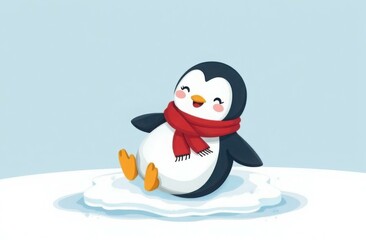 Obraz premium Adorable animated penguin wearing a red scarf, happily sliding on ice. The charming scene is set against a light blue background, ideal for children's illustrations and cartoons.