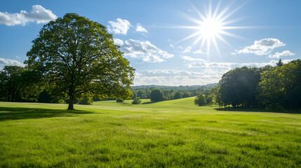Obraz premium Lush Green Meadow Under Sunny Skies With A Majestic Tree And Horizon View