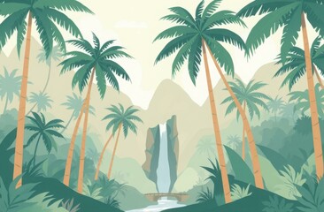 Fototapeta premium Serene tropical landscape featuring lush green palm trees and a cascading waterfall surrounded by mountains. Soft pastel colors create a calming atmosphere, perfect for children's illustrations.