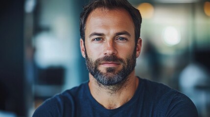 Obraz premium Intense Gaze: Portrait of a Man with a Beard, Confident and Thoughtful, Focused on the Viewer.