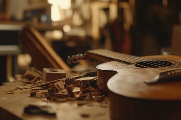 A wooden guitar amid sawdust and tools in a rustic workshop setting.