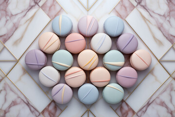 
Macarons in pastel shades arranged in a geometric pattern on a pastel marble surface 