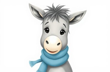 Adorable cartoon donkey wearing a blue scarf on a white background. Ideal for children's illustrations and educational materials.