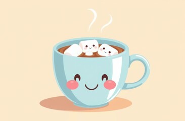 Cute animated coffee cup filled with hot chocolate and smiling marshmallows on a soft pastel background. Perfect for children's illustrations and cartoons.