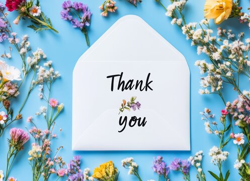 A delicate arrangement of spring wildflowers placed inside an envelope, accompanied by the inscription "thank you," serves as a token of gratitude to medical workers who tirelessly serve.