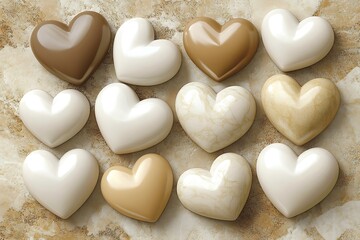 Twelve heart shaped objects with various color and texture variations