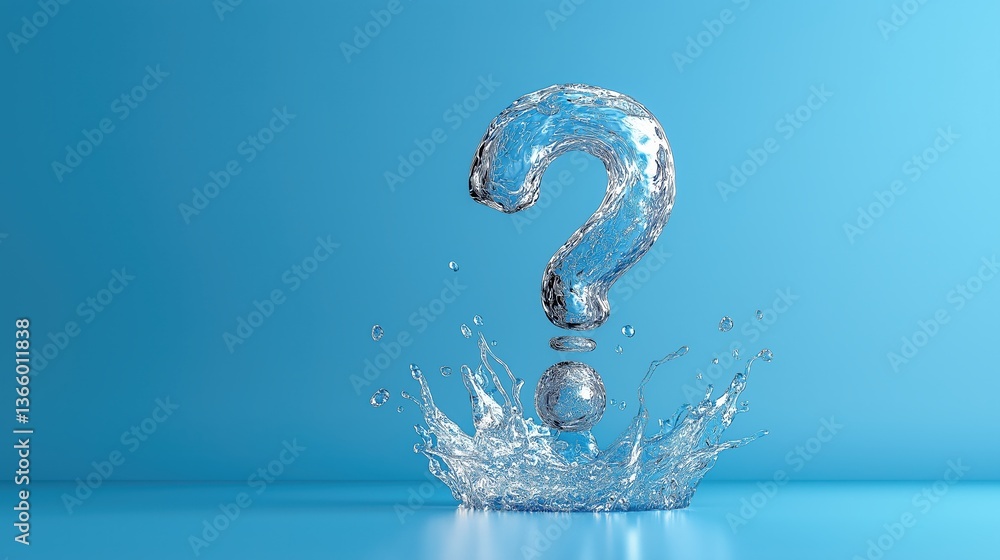 Poster crystal clear water droplet forms question mark shape with splash in a blue background conveying cur